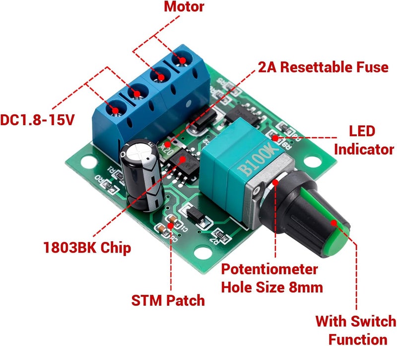 hiBCTR 12 Pieces PWM Low-Voltage Motor Speed Controllers, Model 1803BK/1803B,for DC 1.8V/3V/5V/6V/12V Input Voltage and a Maximum Output Current of 2A. - Image 4